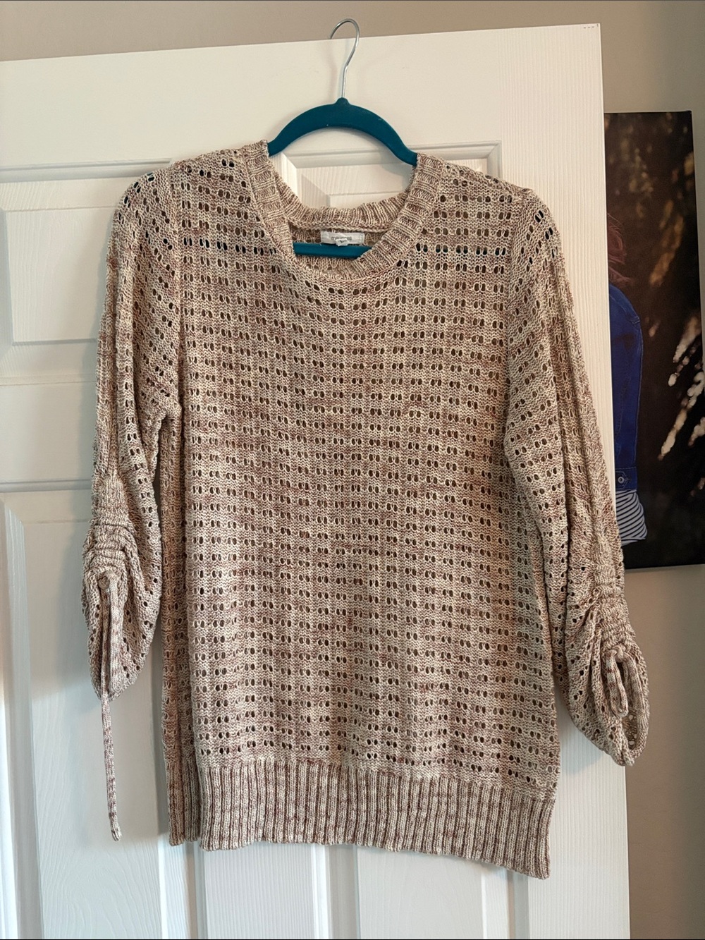 Maurices Beige Open-Knit Crewneck Sweater with Ruched Tie Sleeves